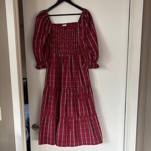 Red Plaid Smocked Maxi Dress with Puff Sleeves